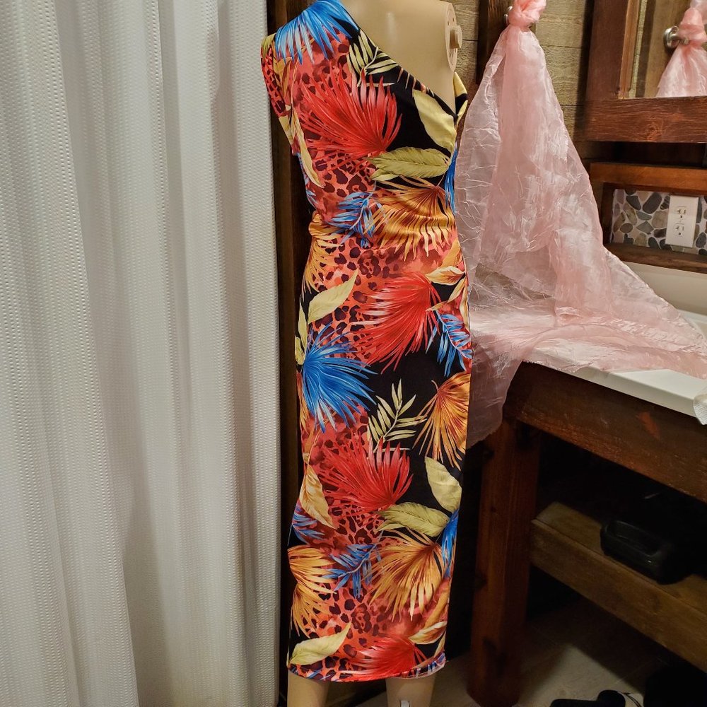 Black Coral Print Sleeveless Dress Women’s L Stretchy USA Made WIN Brand - Picture 6 of 8